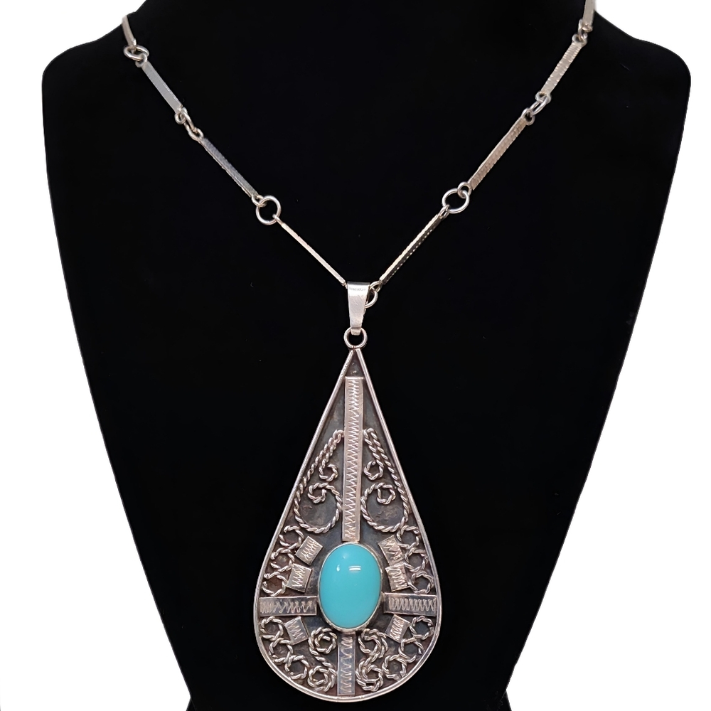 Vintage MEXICO Sterling Silver REYGO Turquoise Tear Drop Pendant Necklace 23.5"